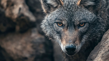 Experience the raw beauty of a wild wolf captured in a stunning close-up, showcasing its piercing eyes and majestic fur in a rugged rock environment.の素材