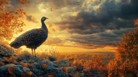 A stunning peacock stands majestically on rocky terrain during a vibrant autumn sunset. The scene captures the beauty of nature with dramatic clouds and falling leaves.の素材
