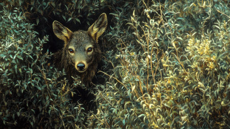 A young deer peeks through the lush green foliage, showcasing its curious nature in a serene forest environment. The tranquil scene captures the essence of wildlife.の素材