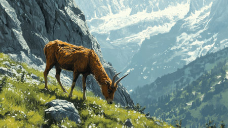A wild mountain goat grazes peacefully on a lush green hill, set against a backdrop of majestic mountains and rocky peaks, symbolizing nature's beauty.の素材