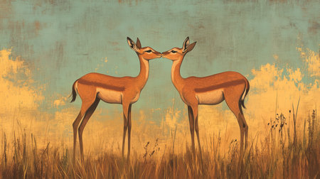 Two elegant antelopes share a tender moment in a beautiful landscape. This artwork captures the essence of love and tranquility in a serene environment.の素材