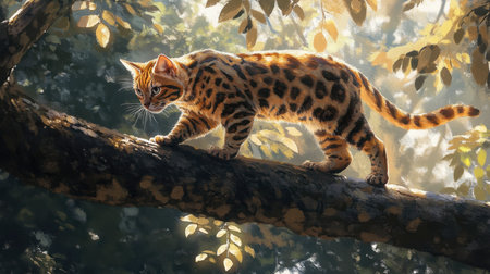A striking wildcat gracefully walks along a sunlit tree branch, showcasing its majestic spotted fur. This serene moment captures the beauty of wildlife in nature.の素材