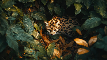 A striking wild cat camouflaged amidst vibrant green foliage, showcasing its exquisite coat. The captivating scene embodies the beauty and mystery of nature.の素材