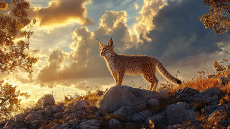 A wildcat stands proudly on a rocky outcrop, gazing at the breathtaking sunset. The vibrant sky showcases clouds and warm tones, creating a serene atmosphere.の素材