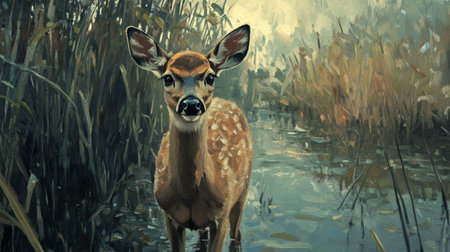 A young fawn stands gracefully by the water's edge, surrounded by tall grass and reeds. This serene wildlife image captures the essence of nature's beauty and tranquility.の素材