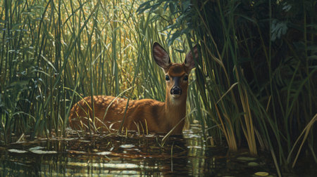 A young deer stands gracefully in lush green grass near water's edge, embodying the beauty of wildlife in its serene and tranquil natural habitat.の素材