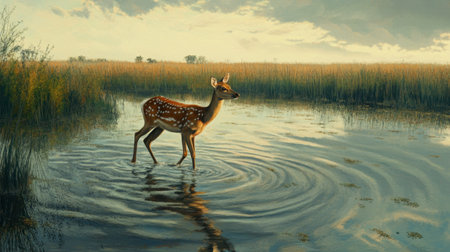 A young fawn stands gracefully in shallow water, creating ripples as it explores the marshy landscape. The serene environment showcases nature's beauty.の素材
