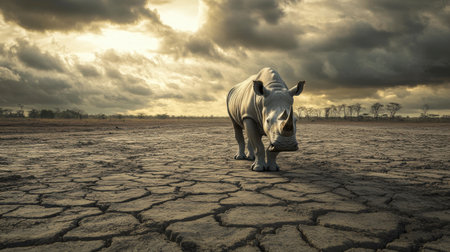 A solitary rhinoceros walks across a parched, cracked earth, surrounded by dramatic clouds. This captivating image emphasizes the beauty and vulnerability of wildlife.の素材