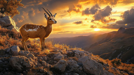 A striking male antelope stands proudly on rugged rock formations, overlooking a vast landscape as the sun sets. The warm colors of dusk create a serene backdrop for this beautiful wildlife scene.の素材