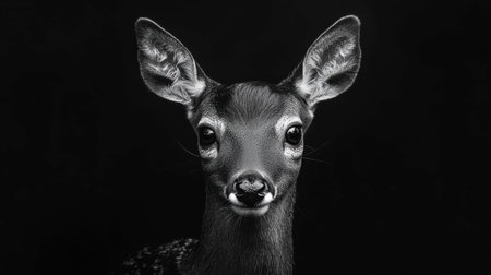 This stunning close-up portrait captures a young deer gazing into the camera. The black background emphasizes the delicate features and serene expression, showcasing the beauty of wildlife.の素材