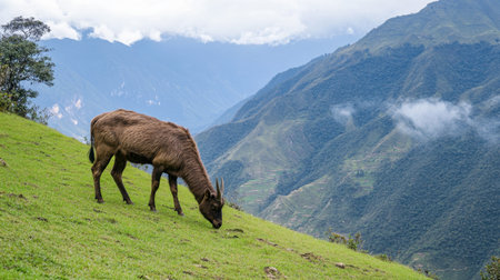 An Andean animal peacefully grazes in a lush green meadow against a stunning mountain backdrop, showcasing the beauty of nature and wildlife.の素材