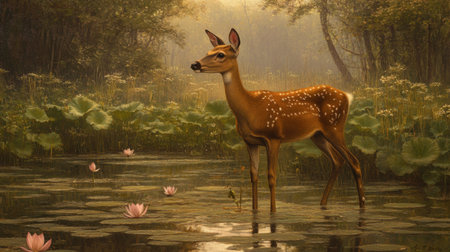 A serene deer stands gracefully in a tranquil pond, surrounded by lush lily pads and gentle reflections, evoking a sense of peace and harmony with nature.の素材