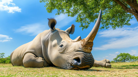 A magnificent rhinoceros lays relaxed under a sprawling tree, enjoying the serene beauty of its natural habitat. The sunny landscape emphasizes its strength and calm presence.の素材