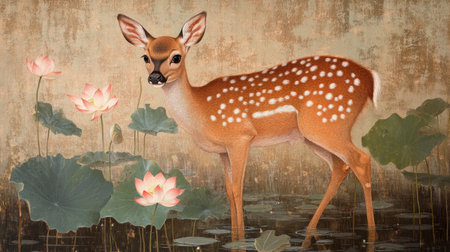 A beautiful fawn stands gracefully by a tranquil pond, surrounded by blooming lotus flowers. This serene wildlife scene captures nature's beauty and peaceful coexistence.の素材