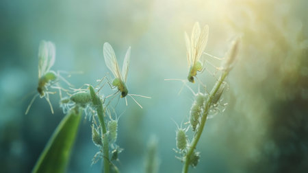 A serene close-up of delicate green insects perched on soft leaves, illuminated by gentle sunlight, showcasing nature's beauty and intricate details.の素材