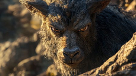 A striking close-up of a wild animal showcasing its intense gaze and detailed fur textures. Natural lighting enhances the captivating expression in a rugged environment.の素材