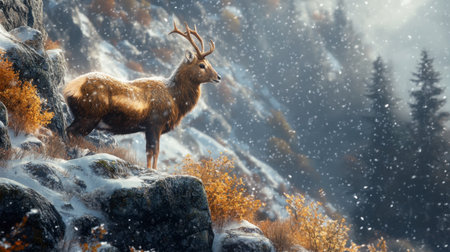 A majestic deer stands on a rocky outcrop surrounded by a winter landscape. Snowflakes fall gently, creating a serene moment in nature's beauty.の素材