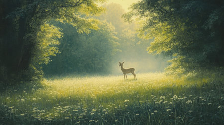 A tranquil forest scene featuring a deer elegantly standing in a sunlit meadow adorned with blooming flowers, capturing the serene beauty of nature.の素材