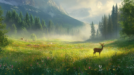 A tranquil scene of a meadow with deer grazing under soft morning light. Mist envelops the landscape, highlighting lush greenery and vibrant flowers.の素材