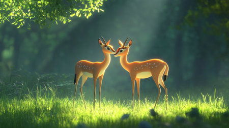 A charming animated scene featuring two young antelopes in a sunlit forest, embodying romance and connection amidst vibrant grass and gentle sunlight.の素材
