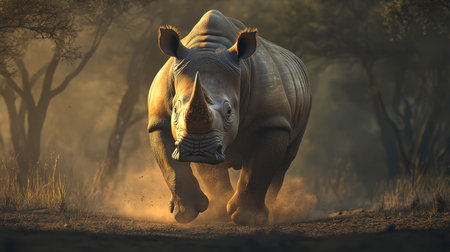 A powerful rhinoceros charges through a dusty landscape during sunrise, showcasing its strength and wild spirit. This striking scene captures the essence of nature's beauty.の素材
