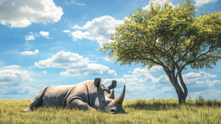 A beautiful scene featuring a relaxed rhinoceros lying on the grass, surrounded by a serene landscape of tall grass and a lone tree under a blue sky. Fluffy clouds enhance the tranquil atmosphere.の素材