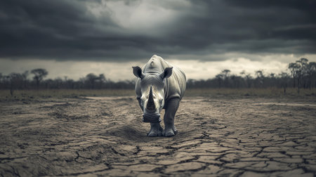 A solitary rhinoceros navigates a dry, cracked landscape beneath a tumultuous sky, symbolizing the struggle of wildlife in harsh environments.の素材