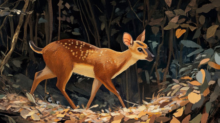 A charming illustration of a deer traversing through a forest filled with autumn foliage. This artwork captures the beauty and serenity of wildlife in its natural habitat.の素材