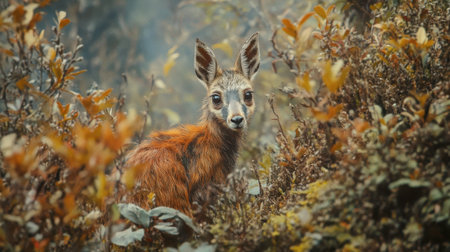 A young deer gazes curiously through colorful foliage in a serene forest. The vibrant scene captures the beauty of wildlife among lush greenery.の素材