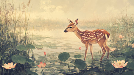 A gentle fawn stands gracefully by a lily pond, surrounded by delicate flowers and soft light, embodying tranquility and the beauty of nature in a serene landscape.の素材