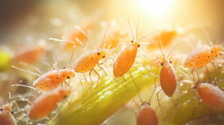 A striking close-up image showcasing orange aphids on green plant foliage under soft sunlight, highlighting the intricate details of these tiny insects in their natural habitat.の素材