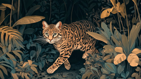 A stunning leopard moves gracefully through a dense jungle, showcasing its striking fur pattern. The surrounding lush greenery enhances the wild cat's beauty in a serene natural habitat.の素材