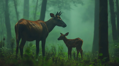 A serene scene of an elk and its calf standing in a foggy forest, surrounded by lush greenery and tall trees. Captured in soft light, this wildlife moment reflects tranquility and nature's beauty.の素材