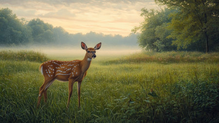 A beautiful fawn stands gracefully in a lush meadow, surrounded by gentle greenery and shrouded in morning fog, capturing a serene moment in nature.の素材