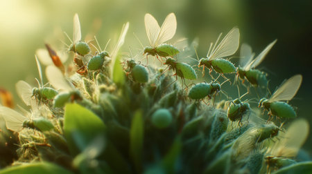 A stunning close-up image of green aphids clustered on a plant, bathed in soft golden light. This macro shot captures the intricate details of these small insects in their natural habitat.の素材
