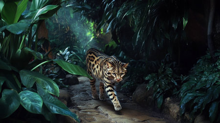 A wild cat moves gracefully through a lush jungle environment, surrounded by vibrant foliage. The scene captures the beauty and serenity of nature, showcasing wildlife in its habitat.の素材