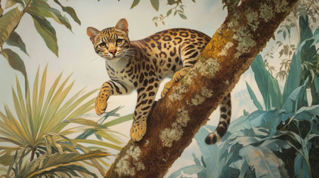 A stunning portrait of a leopard resting on a tree branch, showcasing its beautiful spots and calm demeanor amidst a vibrant jungle environment.の素材