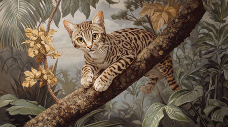 This captivating image features an exotic wild cat perched on a tree branch amidst lush tropical foliage, showcasing its striking coat and curious gaze, perfect for nature lovers.の素材