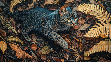 A tabby cat stealthily navigates through vibrant autumn leaves and ferns, showcasing its playful nature and stunning fur patterns. Perfect for cat lovers!の素材