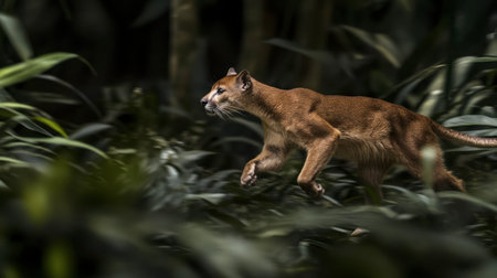 A sleek wild animal gracefully navigates through dense green foliage in a dynamic display of agility and strength, showcasing the essence of untamed nature.の素材