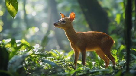 A young Asian muntjac deer stands gracefully in a vibrant forest, surrounded by lush greenery and soft sunlight, embodying serenity and wildlife beauty.の素材
