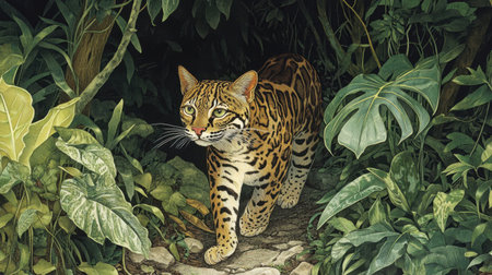 A stunning depiction of a jaguar gracefully moving through dense jungle foliage. The vibrant greens and intricate details highlight its majestic presence in a rich natural habitat.の素材