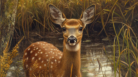 A close-up view of a young fawn by water, surrounded by tall grass and marshlands. The animal's gentle expression reflects tranquility in its natural habitat.の素材