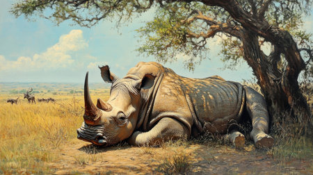 A serene scene depicting a relaxed rhinoceros resting under a tree in the African savannah. The artwork captures the essence of wildlife in a peaceful environment, showcasing nature's beauty.の素材