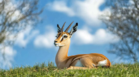 A graceful antelope relaxes on a patch of green grass, showcasing its stunning features against a backdrop of vibrant clouds and blue sky.の素材