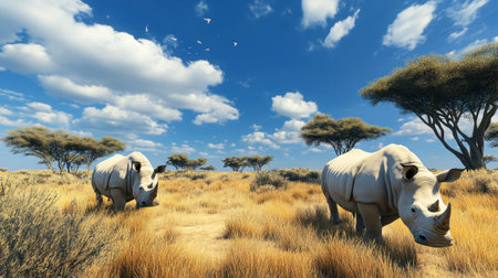 Two majestic rhinos move gracefully through a golden grassland, surrounded by acacia trees under a vibrant blue sky dotted with clouds. Ideal for wildlife themes.の素材