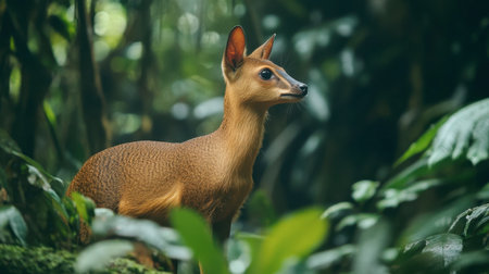 A small deer explores a vibrant tropical forest, surrounded by lush greenery. This serene moment captures the elegance and curiosity of wildlife in its natural habitat.の素材
