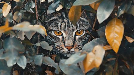 A captivating close-up of a curious cat peeking through vibrant foliage, showcasing its striking amber eyes and detailed fur in a serene natural setting.の素材