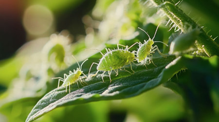 This image captures green aphids in close-up detail on a green leaf, showcasing their delicate features and natural habitat illuminated by soft sunlight.の素材