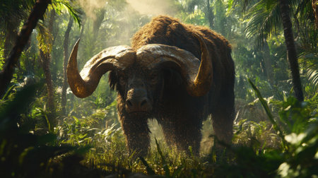 This stunning image features a majestic creature with large curved horns in a vibrant, lush forest, embodying the beauty and mystery of nature in an enchanting setting.の素材